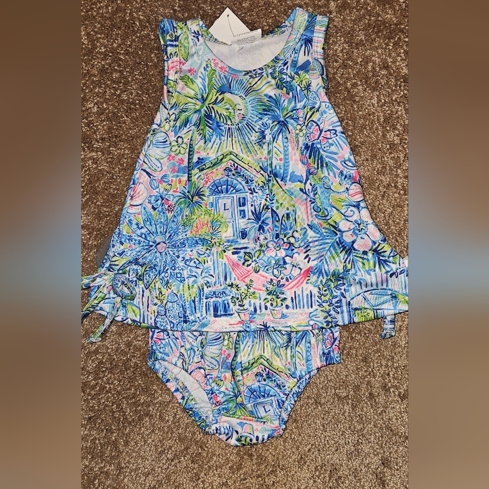 Colorful Tropical Print Dress and Bloomers Set